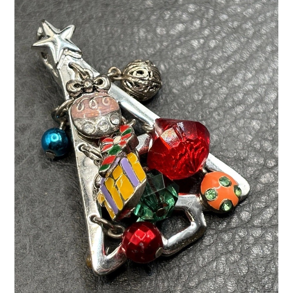 VTG Christmas Tree Brooch Charm Dangle Crystal Beads Ornaments Silver Tone Y2K